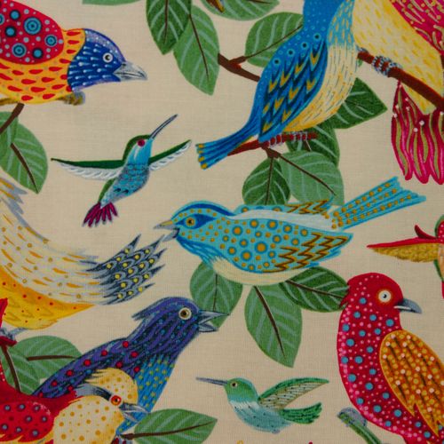 Ecru katoen met kleurrijke vogels
